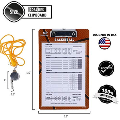 Dry Erase Coaches Clipboard - Includes Whistle and Dry Erase Markers - Double Sided Coach Whiteboard - style: Basketball