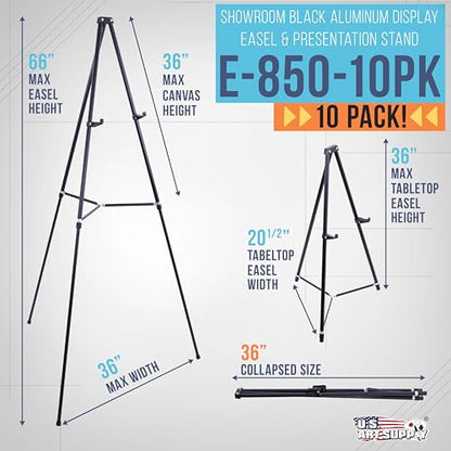U.S. Art Supply 66" High Black Metal Display Art Easel (10 Pack) - Large Adjustable Height Portable Easel Stand, Sign Display, Holds 25 lbs - Floor & Tabletop Easels, Sign Stand