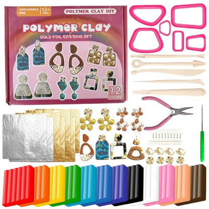 Polymer Clay Starter Kit, 12 Colors Oven Bake Modeling Clay with Sculpting Tools and Accessories,Non-Sticky DIY Earring Making Kit for Adults, Craft Gift for Bracelet Jewelry (Stylish)