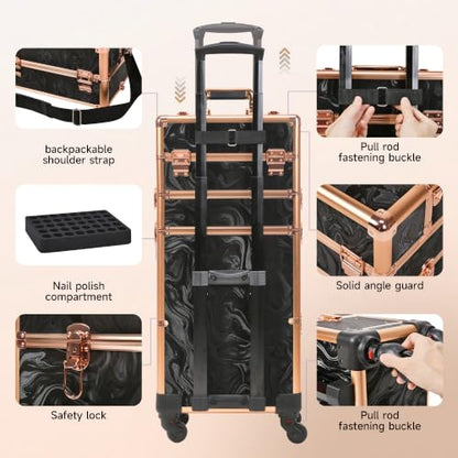 Somduy Rolling Makeup Case with Drawer, Makeup Train Case, Cosmetology Case on Wheels for Salon Barber, Rose Gold Black - color: Rose Gold Black