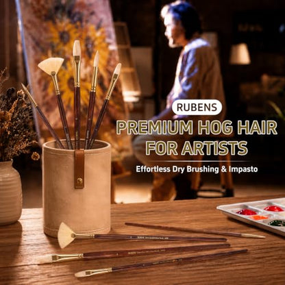 rubens Oil Paint Brush Set, 5 Pcs Natural Hog Bristle Paint Brushes | Professional Long Wooden Handles Artist Series Brushes with Fan, Flat, Round for Oil Acrylic Painting - size: Round 2,6, Filbert 4, Flat 6, Fan 4