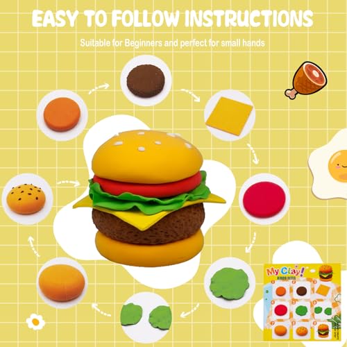 Food Clay Kit for Kids – 12 Mini Food Themes: Pizza, Burger, Fries & More | Air Dry Modeling Set with Tools & Tutorials | Non-Sticky | Creative Gift for Boys Girls 3+
