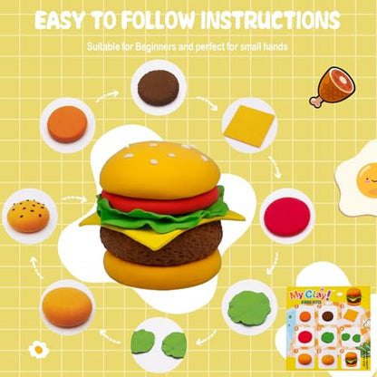 Food Clay Kit for Kids – 12 Mini Food Themes: Pizza, Burger, Fries & More | Air Dry Modeling Set with Tools & Tutorials | Non-Sticky | Creative Gift for Boys Girls 3+