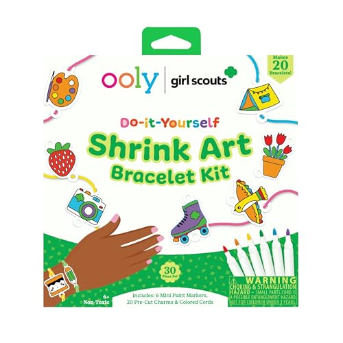 Ooly x Girl Scouts 30 PC DIY Shrinking Art Bracelet Kit for Kids with Markers, 20 Plastic Pre Cut Charms and More, No Mess Creative Activity Jewelry Making Kit - color: Girl Scouts Bracelet Kit
