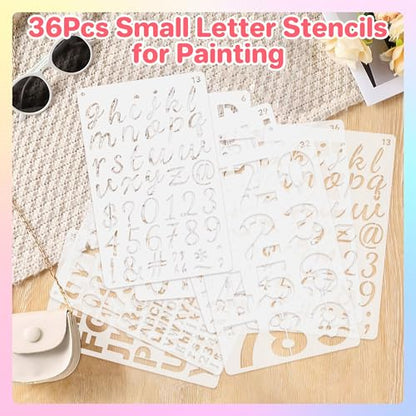 36Pcs Letter Stencils for Painting 1/2,3/4,1,5/4,2Inch Small Reusable Plastic Letter Geometric Alphabet and Number Templates for Scrapbooking Walls Art Projects Notebook Journal Home Decor Custom Sign