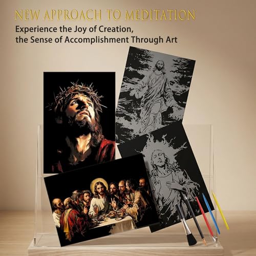 Religious Scratch Art Set for Adults, 4 Sheets Jesus Theme, 16 x 11.2 Inch Black Scratch Off Paper - style: Religious