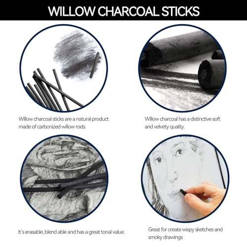 PANDAFLY Willow Charcoal Sticks, Soft, 7-9mm, 25 Pack, Black Artist Vine Charcoal, For Artists, Beginners, Students, Ideal for Sketching, Drawing, Shading, Fine Art - size: 7-9mm