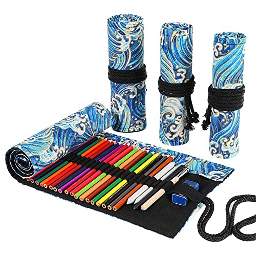 DIYOMR 24/36/72 Slots Pencil Wrap Pencil Rolls, Artist Colored Pencils Roll Up Bag Short Brushes Pouch Case Pencils Organizer for Drawing Coloring and Sketching (Blue Ocean, 72slots) - color: Blue Ocean, size: 72slots