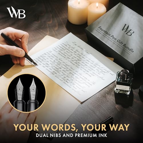 Wordsworth & Black Fountain Pen Set, 18K Gilded Medium and Extra Fine Nib, 25ML Black Ink Bottle, 6 Ink Cartridges,Refill Converter,Gift Box,Smooth Writing Pens [All Black],Gift Set for Men and Women - color: All Black