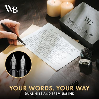 Wordsworth & Black Fountain Pen Set, 18K Gilded Medium and Extra Fine Nib, 25ML Black Ink Bottle, 6 Ink Cartridges,Refill Converter,Gift Box,Smooth Writing Pens [All Black],Gift Set for Men and Women - color: All Black