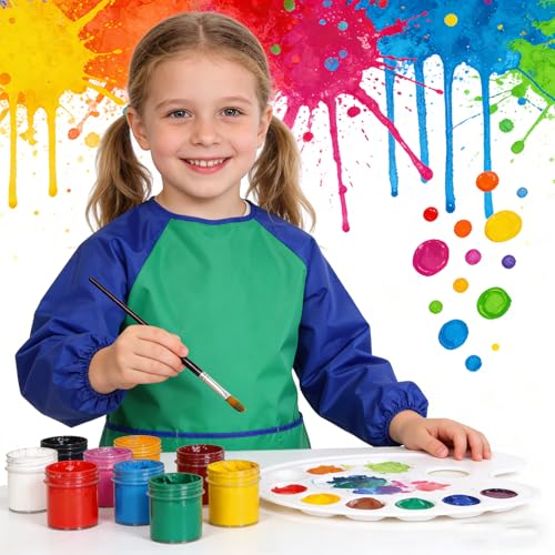 2 Pack Kids Art Smock Waterproof with Long Sleeve and 3 Roomy Pockets Artist Children Aprons for Toddlers Age 3-8 Painting Crafts（Green+Rose Red） - color: 2 Pack Green+rose Red