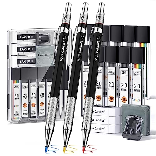 Four Candies 19PCS 2MM Mechanical Drawing Pencils with Case, Metal Art Lead Pencil with 120 Graphite Lead Refills (HB 2H 2B 4B Color), Kneaded Eraser, Sharpener, for Drafting, Drawing, Sketching - size: 19 Piece Set