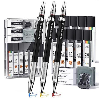 Four Candies 19PCS 2MM Mechanical Drawing Pencils with Case, Metal Art Lead Pencil with 120 Graphite Lead Refills (HB 2H 2B 4B Color), Kneaded Eraser, Sharpener, for Drafting, Drawing, Sketching - size: 19 Piece Set