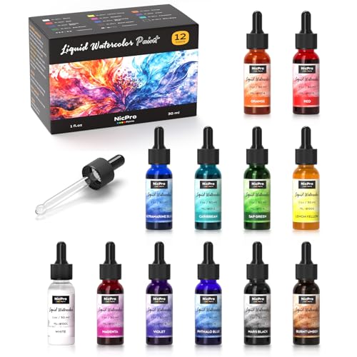 Nicpro 12 Colors Liquid Watercolor Paint Set, 30ml (1oz) Ink Dropper Bottles, Liquid Watercolor Paint, Non-Toxic Water Colors Painting Supplies for Calligraphy, Illustration, Journaling & Crafts