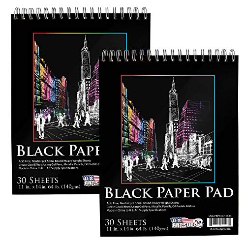 U.S. Art Supply 11x14 Premium Heavy-Weight Black Paper Sketchbook, 64lb (140gsm), 2 Pack, 30 Sheets, Spiral Bound, Black Paper Notebook for Colored Pencil, Markers, Oil Pastels, Chalk, Charcoal - size: 11-x-14-inch