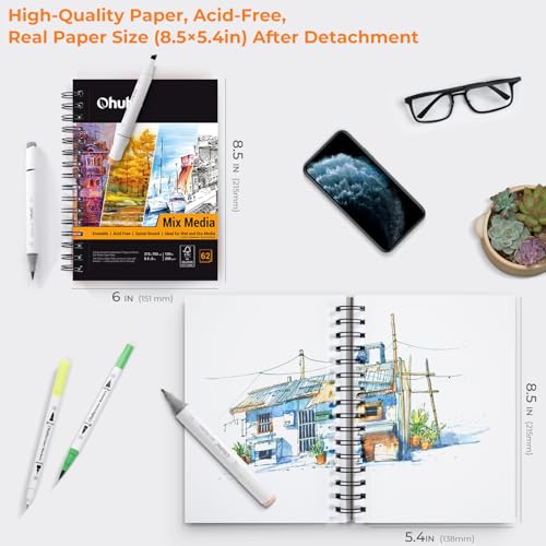 Ohuhu Mix Media Pad, 5.5" x 8.5" Mixed Media Art Sketchbook, 120 LB/200 GSM Heavyweight Papers, 62 Sheets/124 Pages, Spiral Bound Mixed Media Paper Pad for Acrylic, Painting Christmas Gift - size: 5.5" x 8.5"