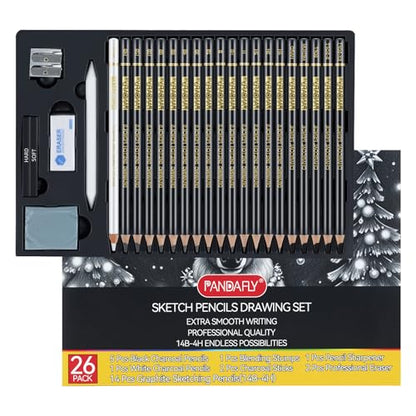 PANDAFLY Drawing Sketching Pencil Set, 26 Piece, 4H-14B Graphite Pencils | Charcoal Pencils & Sticks, Vinyl & Kneaded Erasers, Sharpener & Blending Stump, Artist Pencils for Artists and Beginners