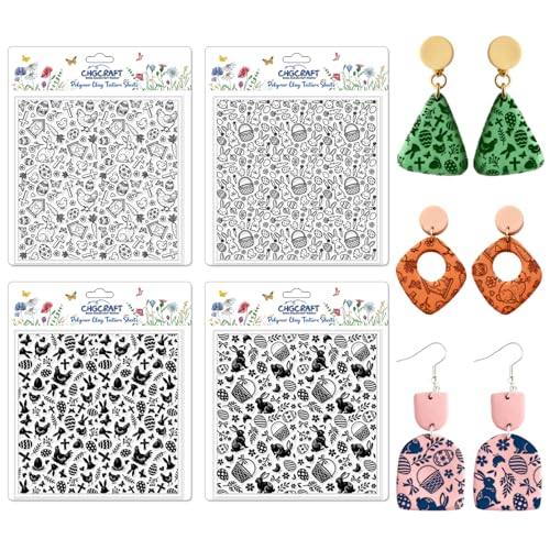 CHGCRAFT 4 Pcs Easter Polymer Clay Texture Sheets Easter Eggs Silicone Texture Stamp Chickens Clay Texture Mat Bunnies Modeling Pattern Pad for Jewelry and Clay Earrings Tools, 5.5x5.5 inch - style: Easter Chickens