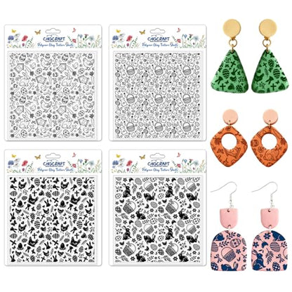 CHGCRAFT 4 Pcs Easter Polymer Clay Texture Sheets Easter Eggs Silicone Texture Stamp Chickens Clay Texture Mat Bunnies Modeling Pattern Pad for Jewelry and Clay Earrings Tools, 5.5x5.5 inch - style: Easter Chickens