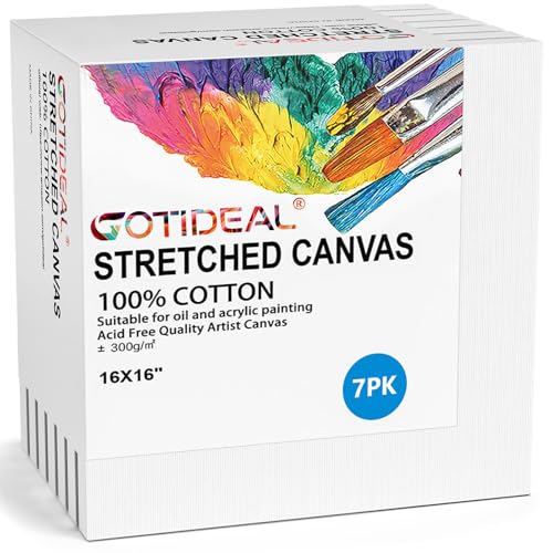 GOTIDEAL Stretched Canvases for Painting, 16x16 Inch Set of 7, Primed White - 100% Cotton Blank Art Square Canvas Boards for Painting for Acrylic Pouring, Oil Paint Dry & Wet Art Media - color: White, size: 16"x16"