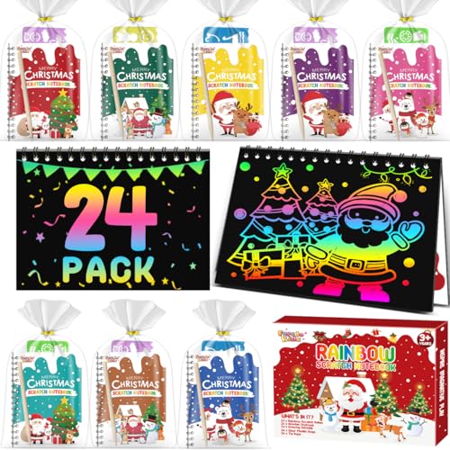 Scratch Paper Art Party Favors for Kids 8-12: 24 Pack Christmas Rainbow Scratch Art Notebook, Christmas Coloring Books Goodie Bags Stuffers for Kids, Bulk Classroom Gifts for Student - style: 24 Pack Christmas