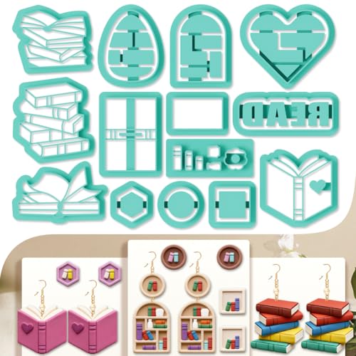 14Pcs Mini Bookshelf Polymer Clay Cutters Book Polymer Cutter for Clay Earrings Making Festival Jewelry DIY for Reading Lovers Gifts - color: Book Elements