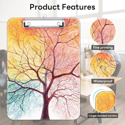 Plastic Cute Clipboard Low-Profile Metal Clip, A4 Letter Size 9 x 12.5 in, 8.5 x 11 Paper Clip Board for Teachers, Nurses, Classroom,Sunset Tree - color: Sunset Tree