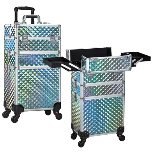 FRENESSA Rolling Makeup Train Case Cosmetology Case on Wheels 3 in 1 Blue | Cosmetic Trolley Large Storage with Keys 360° Swivel Salon Barber Case Traveling Cart Trunk for Artist Hairstylists Nail Tech - color: Watery Blue