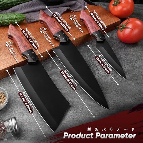 TIVOLI Kitchen Knife Set 3pcs - Chef Knife Set with Full Tang Wooden Handle - Cleaver, Chef, Kitchen Utility Knives for Meat, Vegetables and Fruit - Cooking Gifts for Men and Women - size: 8