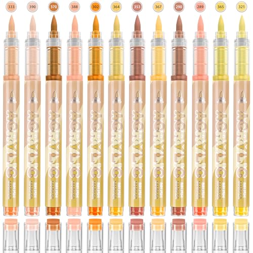 12 Colors Acrylic Paint Pens - Skin Tone Paint Pens Markers, Brush Tip & Direct Ink Flow Suitable for Stone,Paper,Wood,Glass,Fabric Paint,DIY Crafts (Skin) - color: Skin