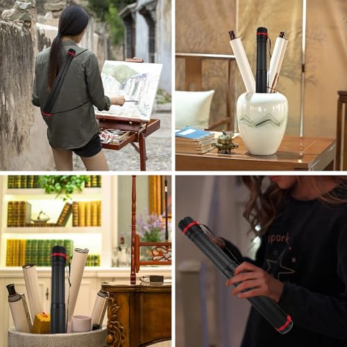 Veemoon Thickened Telescopic Drawing Tube Extendable Poster Tube Shoulder Storage Tube Black Collapsible Mailing Tube, Black, 45.2X6.5CM, Casual