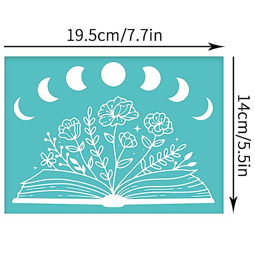 OLYCRAFT 2pcs Self-Adhesive Silk Screen Printing Stencils - Flower Book Moon Patterns Washable Reusable Signs for Printing on Wood DIY T-Shirt Pillow - 7.7x5.5 Inch - color: Flower Book