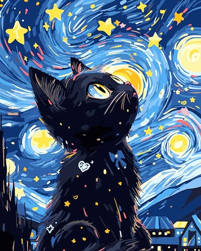 Yunnuo Paint by Numbers Kit for Adults Beginners Cat, Starry Night Black Cat Number Painting Set Craft Supplies, 3 Paintbrushes and Acrylic Paint 16x20 Inch Canvas,Home Wall Decor - color: A-001-Black Cat