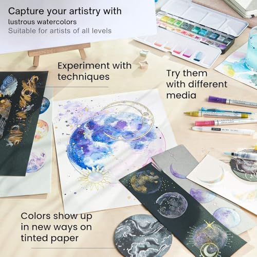 ARTEZA Metallic Watercolor Paint Set, 24 Shimmer Colors in Half Pans with Metal Tin and Water Brush Pen for Painting, Lettering, Calligraphy, Cards, Journals, and Art Projects - style: Metallic Paints, Set of 24