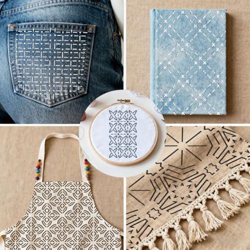 12 Sheets Sashiko Painting Stencils, 12 Styles Geometric Sashiko Pattern Quilting Drawing Templates Reusable Border Stencil for Sewing Embroidery Scrapbooking DIY Ornaments - style: Geometric