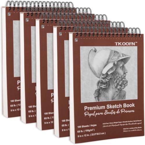 TKOOFN 5 Pack 9" x 12" Sketch Book Bulk (500 Sheet Total), Top Spiral Bound Premium Sketchbook Drawing Pads(68lb/100gsm), Acid-Free Painting Paper Drawingbook for Adults Kids Artists Beginners - color: 5 Pack, size: 9" x 12"