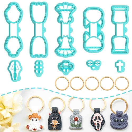 Tainsky Halloween Shapes Keychain Polymer Clay Cutter, 10 Shapes Fall Polymer Clay Keychain Cutters (B) - color: Keychain-B