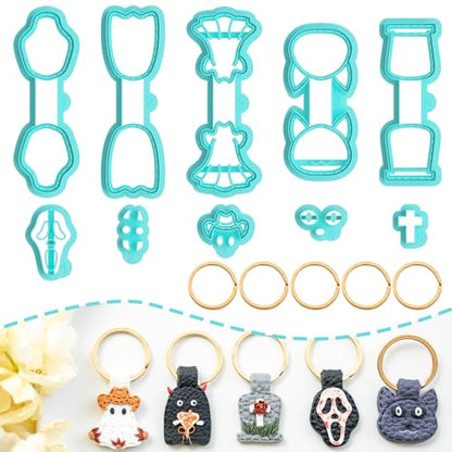 Tainsky Halloween Shapes Keychain Polymer Clay Cutter, 10 Shapes Fall Polymer Clay Keychain Cutters (B) - color: Keychain-B