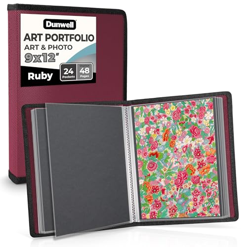 Dunwell Art Portfolio 9x12 Folder (Ruby), Black Mounting Paper, Portfolio Binder for Artwork, 9 x 12 Art Folder, 24 Pockets Display 48 Pages, Acid-Free Poly Presentation Book - color: Ruby, size: 9x12" w/ BLK Paper