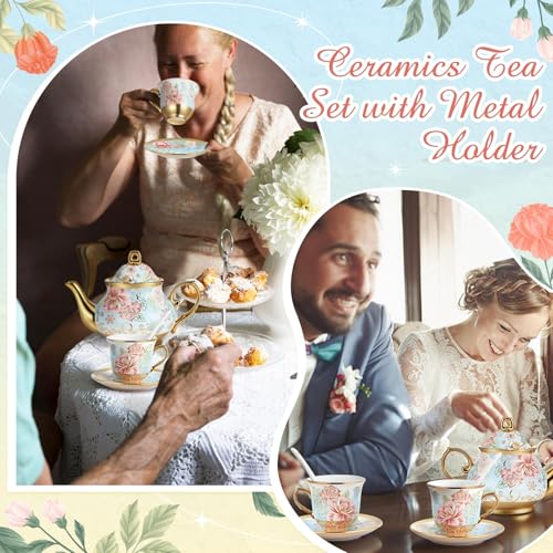 Zhehao 20 Pcs Porcelain Tea Set with Metal Holder and Spoon Adult Ceramic Tea Set European Flower Painting Teapot Cup Saucer Spoon for Women Mom Gift, Large Version (Vivid Style) - color: Vivid Style