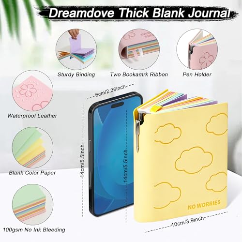 Thick Blank Journal Notebook 400 Pages With Pen Holder 100gsm Thick Color Blank Pages ， A6 Unlined Plain Sketchbook ，No Lines Soft Leather Small Blank Notebook For Women Drawing Book Memo Writing Sketch Diary Hardcover Notebook3.9 × 5.5 (No Worries- Pen H