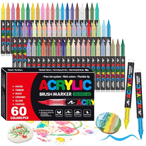 60 Colors Soft Brush Tip Acrylic Markers Set, Paint Pens for Rock, Wood, Fabric, Canvas, Glass, DIY Crafts, Waterproof Paint Markers, Vibrant Acrylic Pens for Artists and Art Projects - style: 60 colors