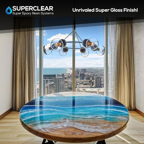 Superclear Table Top Epoxy Resin 2 Gallon Cup Kit, Crystal Clear 1:1 Coat | Self-leveling coating for bar tops, countertops, tumblers & wood. Anti-yellowing, UV resistant, food-safe, Made in USA - size: 2 gallons