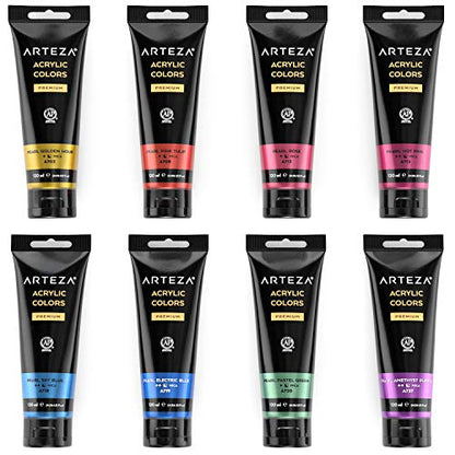 Arteza Metallic Acrylic Paint, Set of 8 Jewel Tones Colors in 4.06oz Tubes, Rich Pigments, Non Fading, Paints for Artists and Hobby Painters - style: 8 x 120ml (4.06 fl oz) Jewel