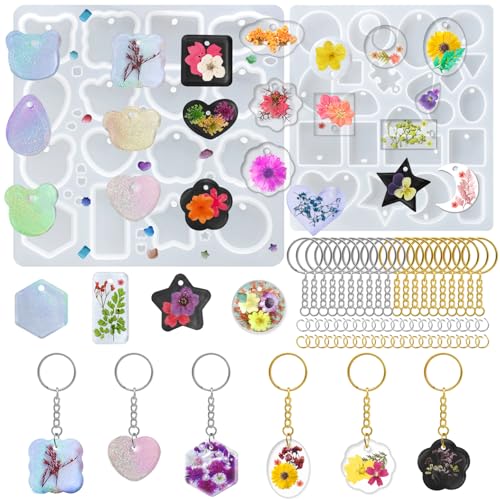 FineGood 2 Pcs Resin Molds Silicone with Keychain, Resin Keychain Molds Epoxy Resin Molds, Resin Jewelry Molds for Necklace Pendant Jewelry Making