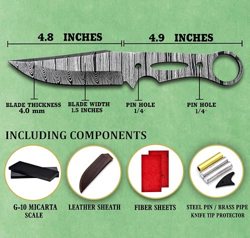 Custom Hand Forged Damascus Steel Blank Blade DIY Knife Making Kit Including G-10 Micarta Scale, Leather sheath, Pins, Scale, Camping Blade Damascus Blade Billet Knife Making Supply (BK-F) - color: BK-F