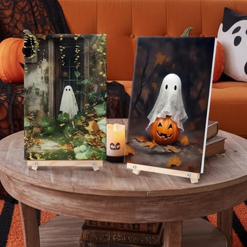 YooNotee 6 Pack Ghost Paint by Numbers Kit on Canvas with Wooden Easels & Brushes, 12x8 Inch Halloween Canvas for Adults Art Set Easy Acrylic Ghost Paint Kit Beginners for Halloween Home Decor - style: Ghost