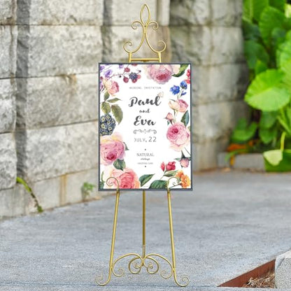61”H x 20”L x 24”W Metal Extra Large Free Standing Display Stand Easel, Gold Scroll Floor Easel Stand for Sign Wedding Mirror Picture Frame, with Adjustable Chain