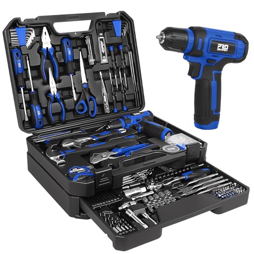 Prostormer Tool Set with 8V Cordless Drill, 369-Piece Home Tool Kit with Drill Driver, Toolbox Storage Case with Drawer, General Household Tools for Home Repairs and DIY, Handyman (Blue) - color: Blue