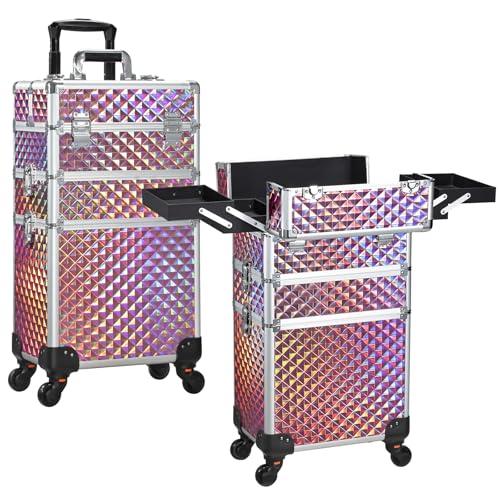 FRENESSA 3 in 1 Rolling Makeup Train Case Cosmetology Case on Wheels Pink | Cosmetic Trolley Large Storage with Keys 360° Swivel Salon Barber Case Traveling Cart Trunk for Artist Hairstylists Nail Tech - color: Pink